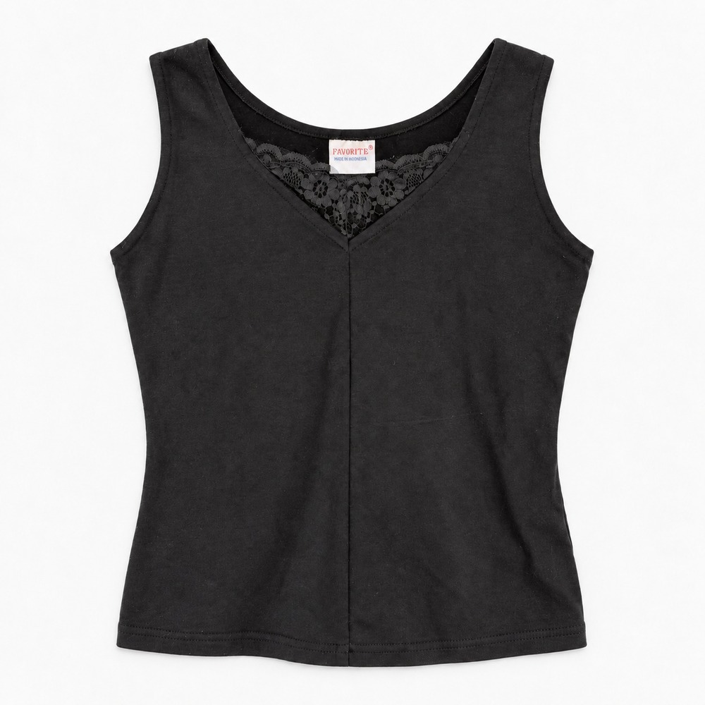 Favorites Black Sleeveless Lace Back Tank Top V Neck Fitted Womens S/M